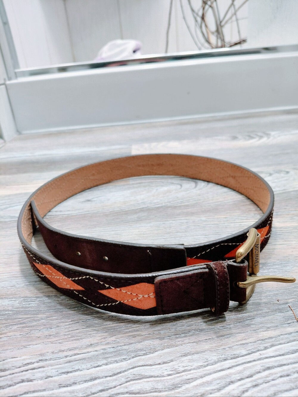 MICHAEL Michael Kors Leather Cowhide Argyle Silver Buckle Brown Orange Belt M